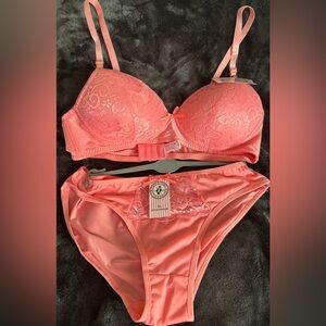 Lace Trim Coral Bra and Panty Set